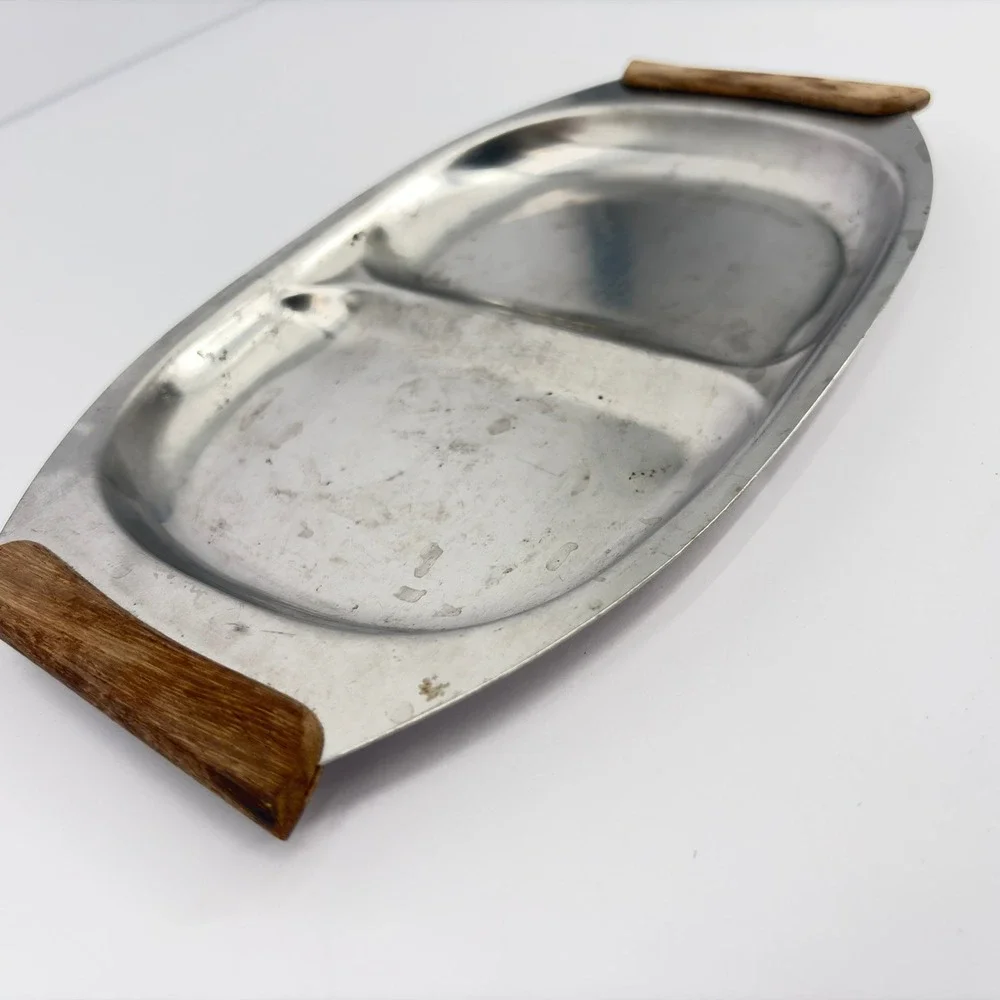 Japan Vintage Stainless Steel Divided Relish Tray Wood Handles 13 Inch MCM